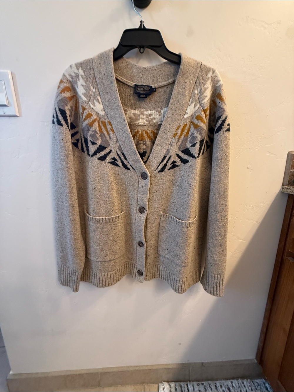 Pendleton Beige Wool Blend Cardigan with Navy and Mustard Nordic Yoke